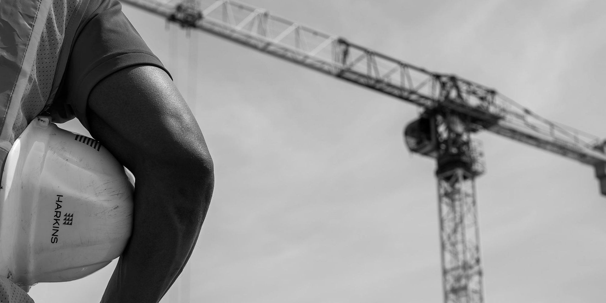 Construction worker standing in front of crane